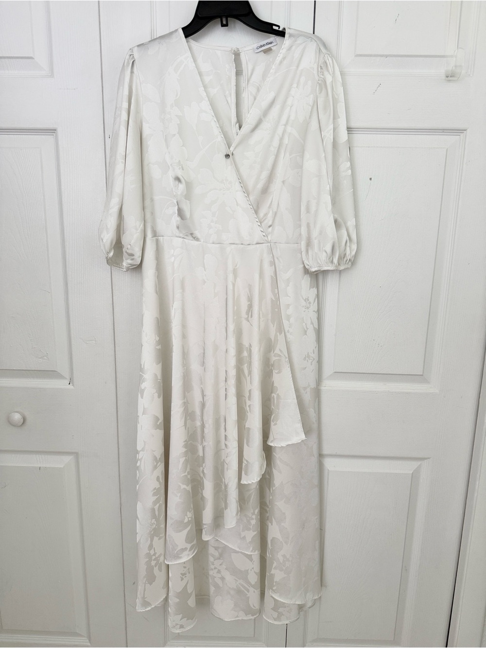 Calvin Klein White Wrap High-Low Floral Jacquard Dress Asymmetrical Lightweight - Picture 2 of 14